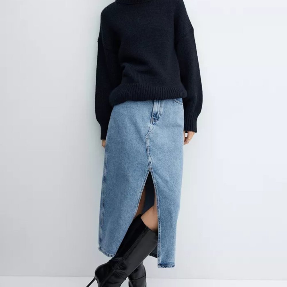 Mango Light Blue Denim Midi Skirt with Front Slit